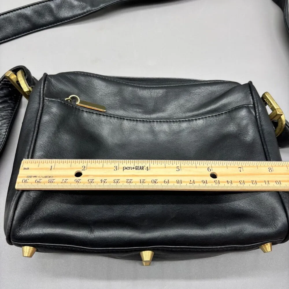 Vintage DKNY Donna Karan New York Black Leather Crossbody Bag Korea Brass '90s